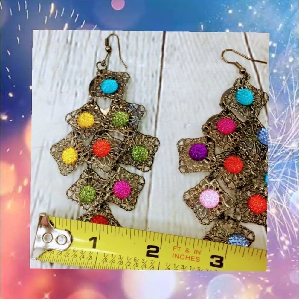 Gorgeous Antique Gold Tone Dangling Earrings Multicolor - Picture 4 of 8